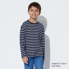KIDS Мягкая футболка с круглым вырезом и длинными рукавами (в полоску) UNIQLO, темно-синий