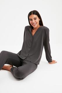 Антрацитовый вязаный пижамный комплект-рубашка-джоггер Trendyol, серый