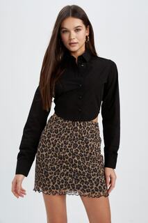 Мини-юбка в сеточку приталенного кроя с леопардовым принтом Cool DeFacto, коричневый