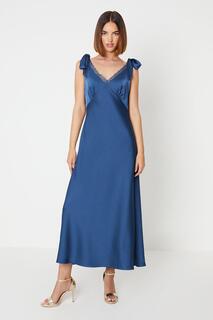 Атласное кружевное платье миди с завязками на плечах и подружками невесты Oasis, темно-синий