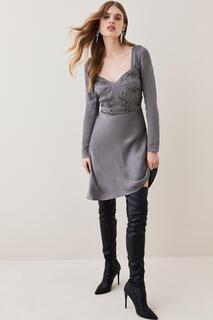 Атласное мини-платье с длинными рукавами и украшением Karen Millen, серый