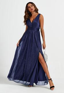 Темно-синее блестящее платье макси для подружки невесты с V-образным вырезом FS Collection, темно-синий