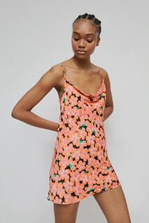 Атласное мини-платье-комбинация с цветочным принтом Warehouse, оранжевый