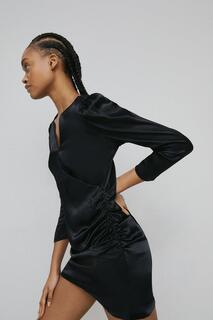 Атласное мини-платье-комбинация с длинными рукавами и запахом Warehouse, черный
