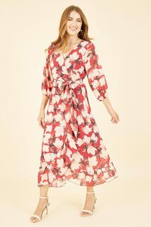 Платье миди с запахом Red Blossom и рукавами 3/4 Yumi, красный