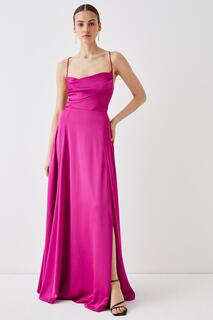 Атласное платье макси для выпускного с воротником-хомутом и бретелями на спине Coast, розовый