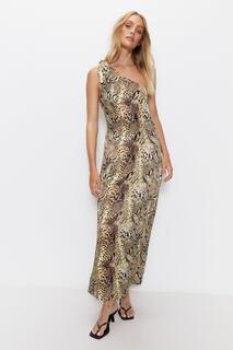 Атласное платье макси на одно плечо премиум-класса со змеиным принтом Warehouse, коричневый
