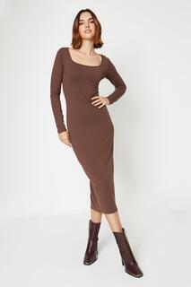 Платье миди с квадратным вырезом и длинными рукавами Soft Touch Oasis, коричневый