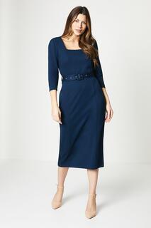 Платье миди с квадратным вырезом и поясом с пряжкой Ponte Wallis, темно-синий