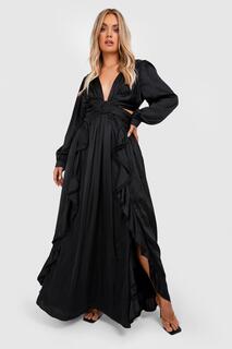 Атласное платье макси с глубоким вырезом и рюшами Plus boohoo, черный