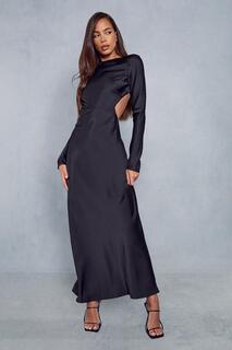 Атласное платье макси с длинными рукавами и открытой спиной с разрезным вырезом MISSPAP, черный