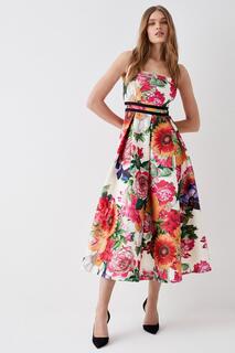 Платье миди с контрастной отделкой и цветочным принтом Scuba Coast, мультиколор