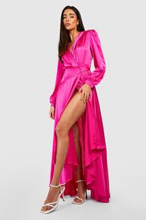 Атласное платье макси с запахом и поясом boohoo, розовый