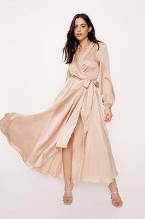 Атласное платье макси с запахом и длинными рукавами Nasty Gal, розовый