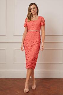 Платье миди с кружевным декором на талии и короткими рукавами Wallis, розовый