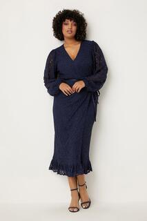 Платье миди с кружевом и оборками Curve Wallis, темно-синий