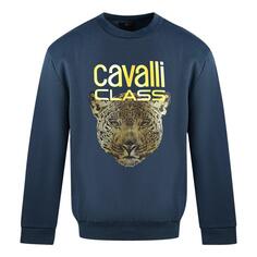 Темно-синий джемпер с леопардовым принтом и логотипом Roberto Cavalli, синий