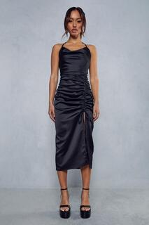 Атласное платье миди премиум-класса с воротником-хомутом и рюшами по бокам MISSPAP, черный