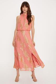 Платье миди с металлизированным вырезом и бретелькой на шее Oasis, розовый