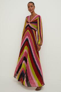 Платье миди с металлизированным V-образным вырезом и складками в полоску Petite Oasis, розовый