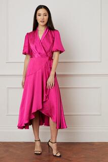 Атласное платье миди с объемными рукавами и запахом Wallis, розовый
