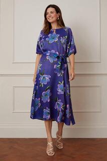 Атласное платье миди с цветочным принтом и рукавами-фонариками Wallis, синий