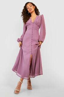 Платье миди с объемными рукавами и пуговицами boohoo, фиолетовый