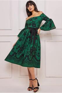 Платье миди с открытыми плечами и принтом Goddiva, зеленый