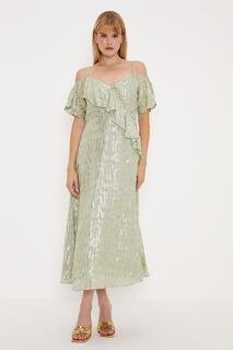 Платье миди с открытыми плечами и металлизированной оборкой Oasis, зеленый