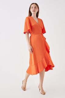 Атласное платье с запахом и рукавами-ангелами Debut London Debenhams, оранжевый