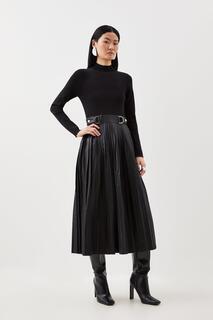 Платье миди с плиссированной юбкой из искусственной вязки Karen Millen, черный