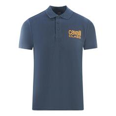 Темно-синяя рубашка-поло с ярким логотипом бренда Cavalli Class, синий