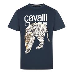 Темно-синяя футболка с большим золотым логотипом Tiger Stencil Cavalli Class, синий
