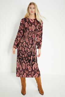 Платье миди с поясом и плиссировкой пейсли Oasis, мультиколор