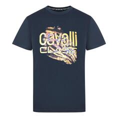 Темно-синяя футболка с ярким логотипом и принтом тигра Cavalli Class, синий