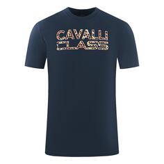 Темно-синяя футболка с принтом логотипа Cavalli Class, синий