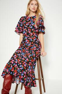 Платье миди с поясом и оборками с цветочным принтом Oasis, мультиколор