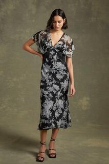 Моно-нежное кружевное шифоновое платье-миди с V-образным вырезом и цветочным принтом Oasis, черный