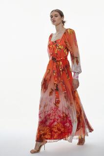 Атласное плиссированное платье макси с золотым цветочным принтом Karen Millen, мультиколор