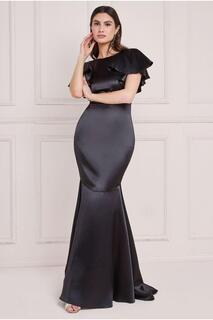 Атласное платье-русалка с развевающимися рукавами макси Goddiva, черный
