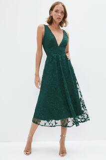 Платье миди с пышной юбкой Petite и глубоким V-образным вырезом Coast, зеленый