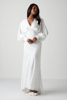 Атласное свадебное платье с рукавами-блузоном и завязкой на спине Coast, белый