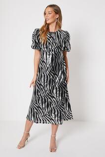 Платье миди с пышными рукавами и пайетками Zebra Oasis, мультиколор