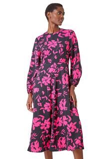 Платье миди с цветочным контрастным принтом Roman, розовый
