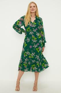 Платье миди с цветочным принтом, воротником и пуговицами, гофрированными манжетами Oasis, зеленый