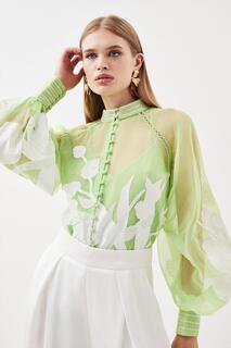 Тканая блузка на пуговицах с аппликацией из органди Karen Millen, зеленый