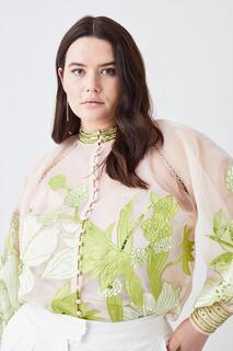 Тканая блузка на пуговицах Plus с аппликацией из органди Karen Millen, зеленый