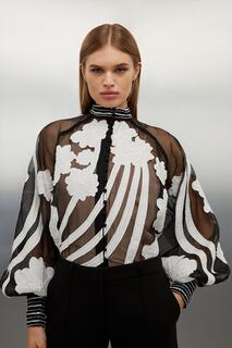 Тканая блузка на пуговицах с аппликацией из органди Karen Millen, мультиколор