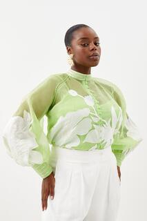 Тканая блузка на пуговицах Plus с аппликацией из органди Karen Millen, зеленый
