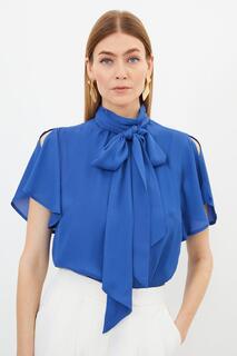 Тканая блузка с рюшами и завязками на шее Georgette Karen Millen, синий